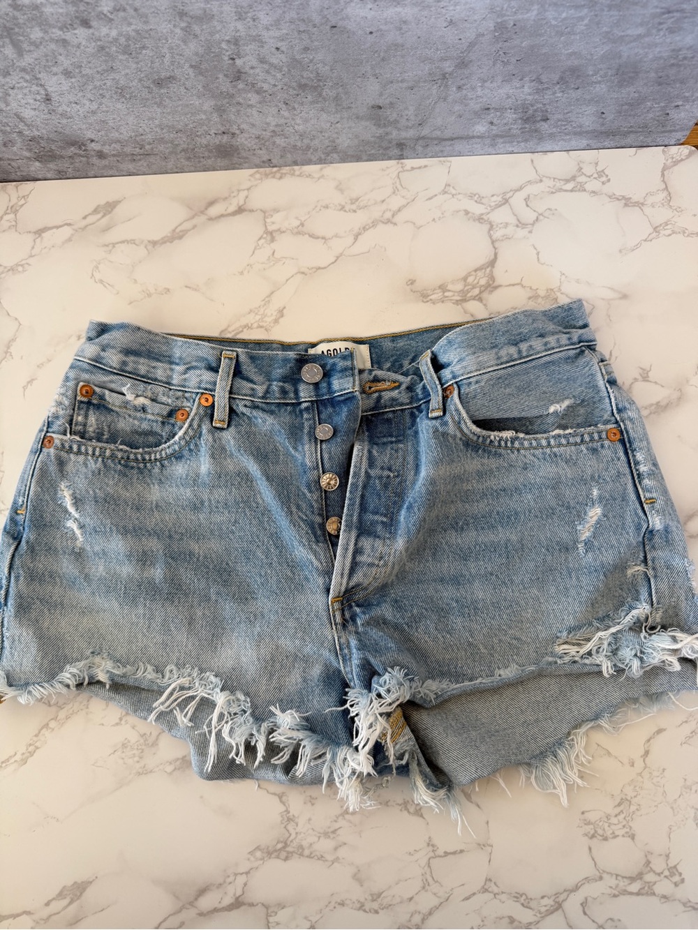 Agolde Light Blue Frayed Hem Denim Shorts